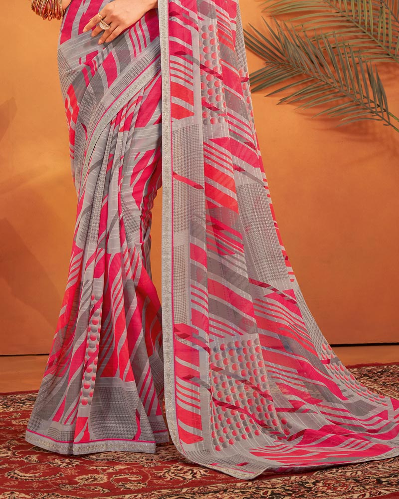Vishal Prints Oriental Pink Patterned Georgette Printed Saree With Fancy Embroidery Border