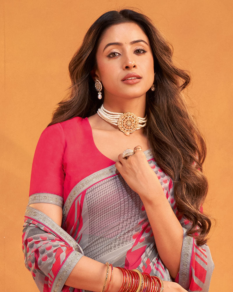 Vishal Prints Oriental Pink Patterned Georgette Printed Saree With Fancy Embroidery Border