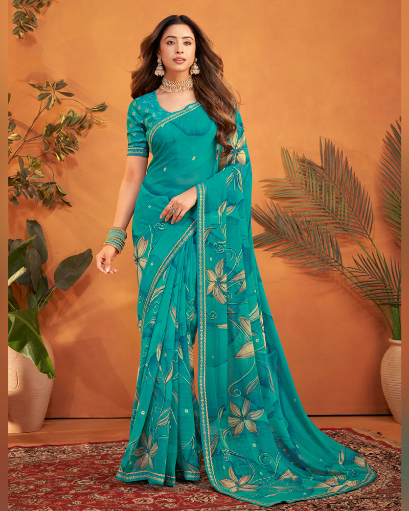 Vishal Prints Teal Green Patterned Georgette Printed Saree With Fancy Embroidery Border