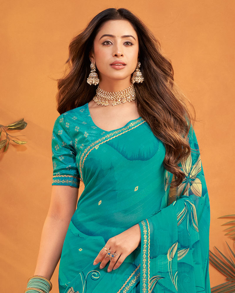 Vishal Prints Teal Green Patterned Georgette Printed Saree With Fancy Embroidery Border