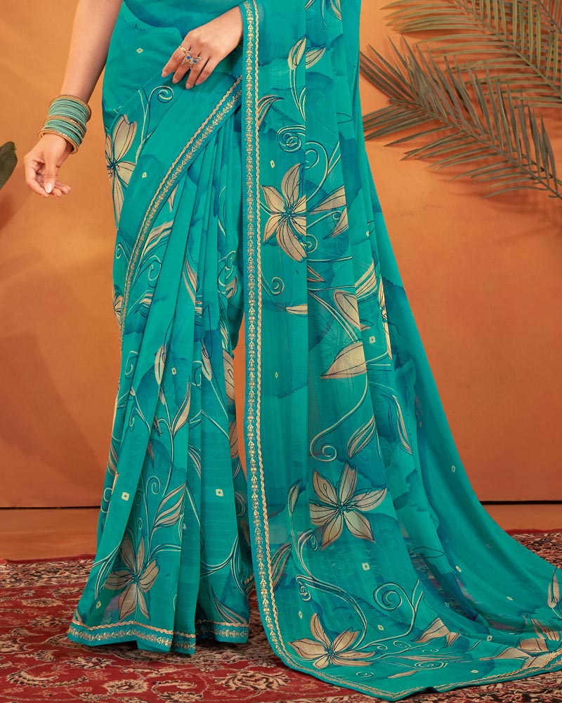 Vishal Prints Teal Green Patterned Georgette Printed Saree With Fancy Embroidery Border