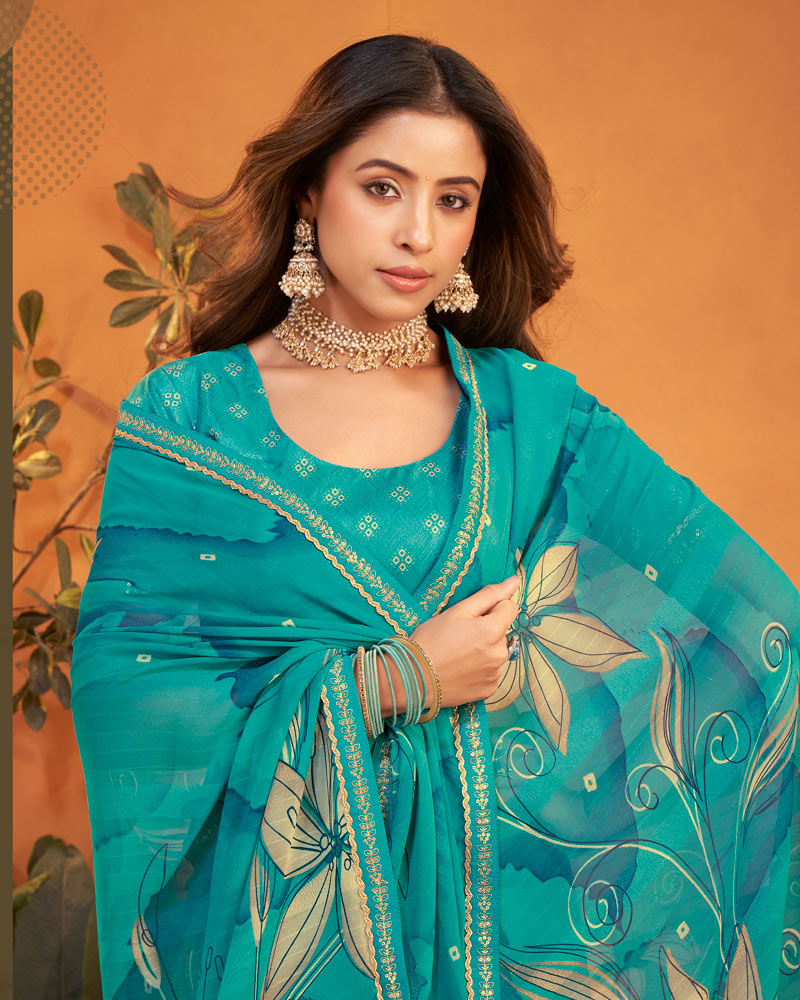 Vishal Prints Teal Green Patterned Georgette Printed Saree With Fancy Embroidery Border