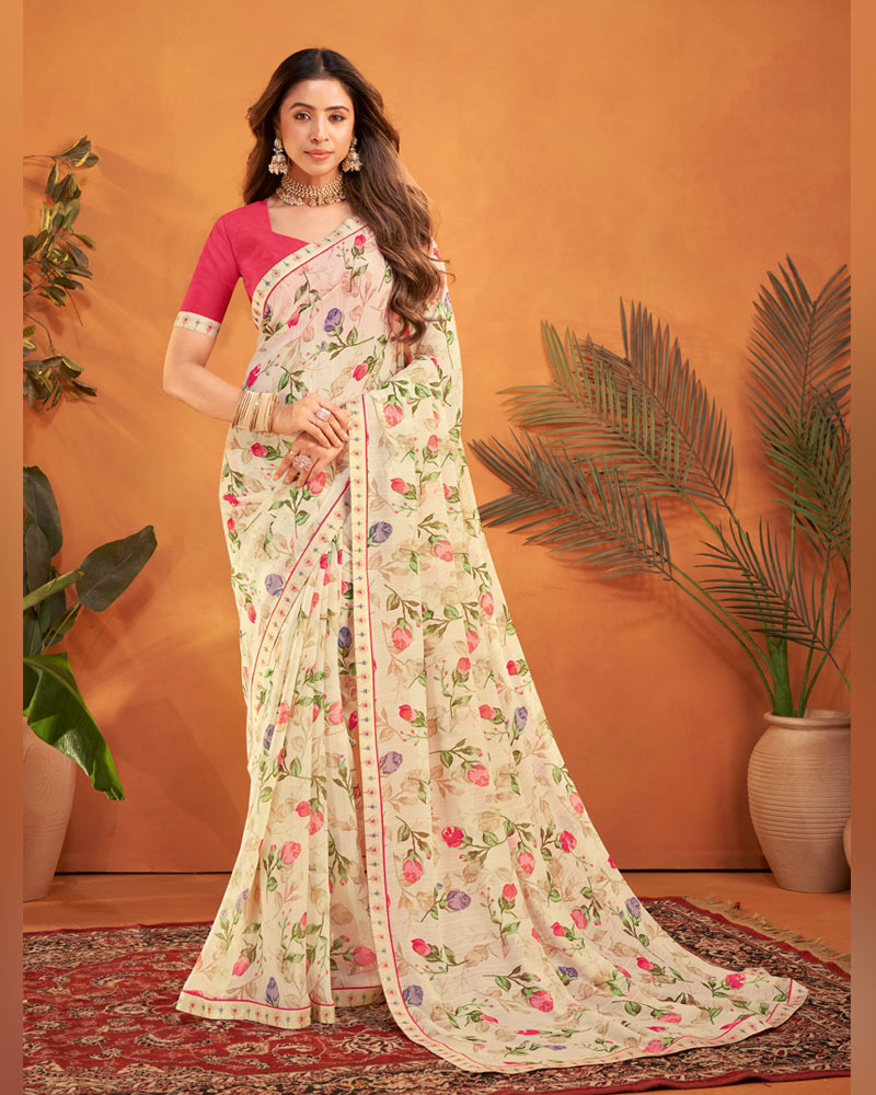 Vishal Prints Light Peachy White Patterned Georgette Printed Saree With Fancy Embroidery Border