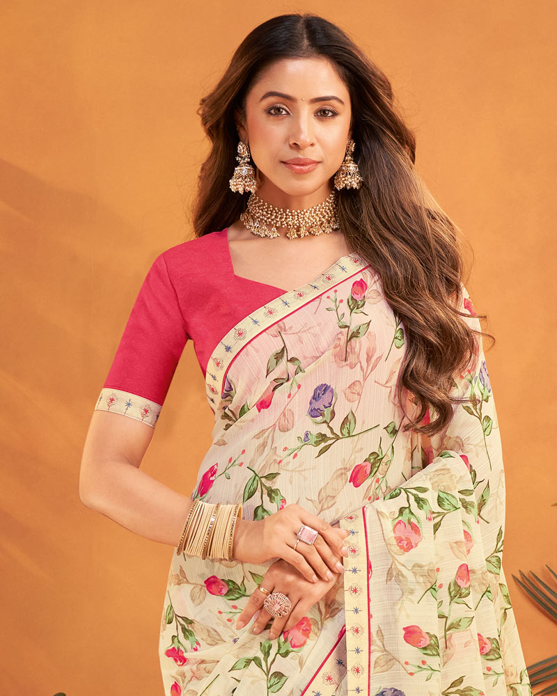 Vishal Prints Light Peachy White Patterned Georgette Printed Saree With Fancy Embroidery Border