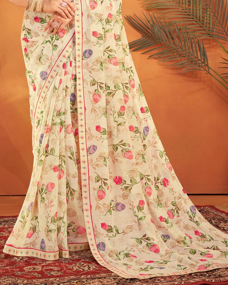 Vishal Prints Light Peachy White Patterned Georgette Printed Saree With Fancy Embroidery Border