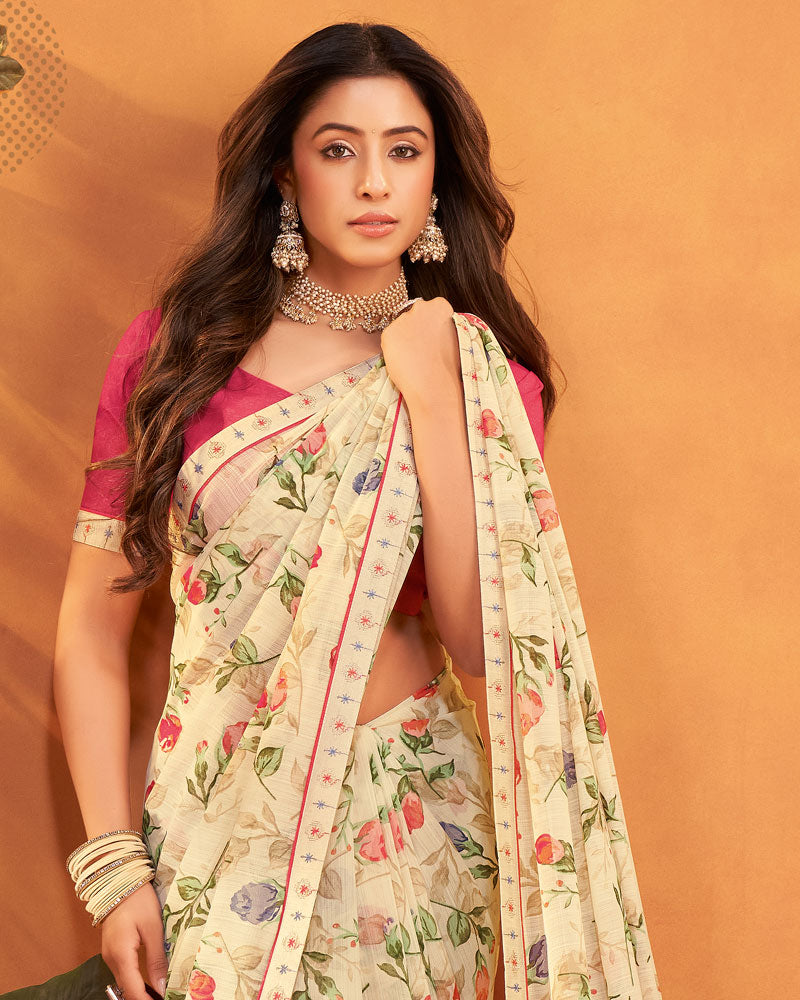 Vishal Prints Light Peachy White Patterned Georgette Printed Saree With Fancy Embroidery Border