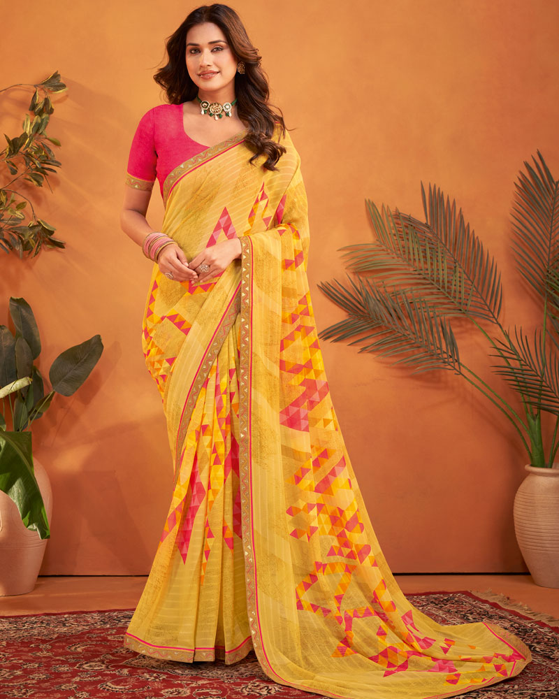 Vishal Prints Butterscotch Yellow Patterned Georgette Printed Saree With Fancy Embroidery Border