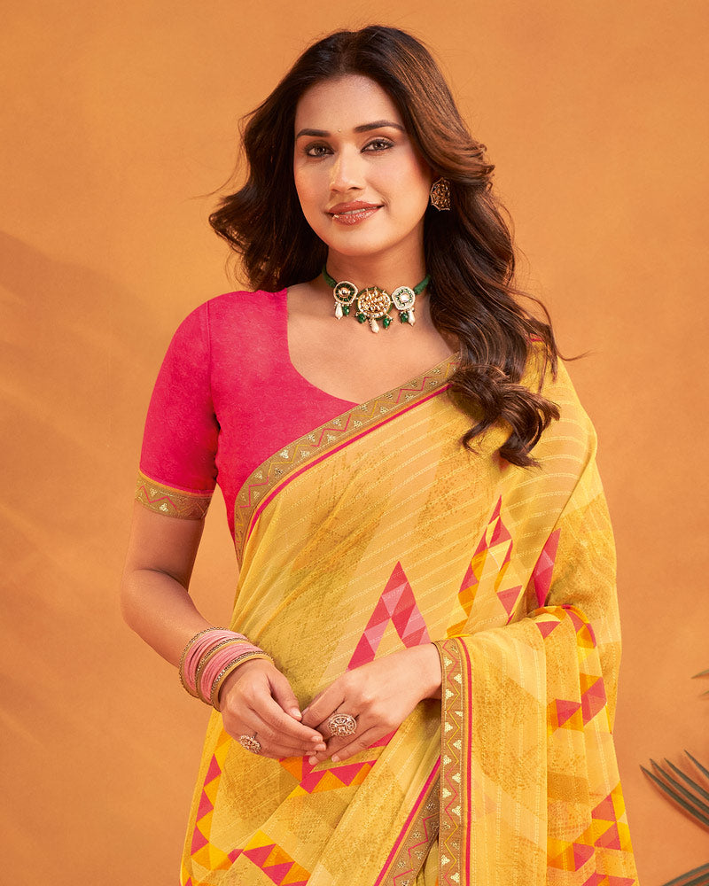 Vishal Prints Butterscotch Yellow Patterned Georgette Printed Saree With Fancy Embroidery Border