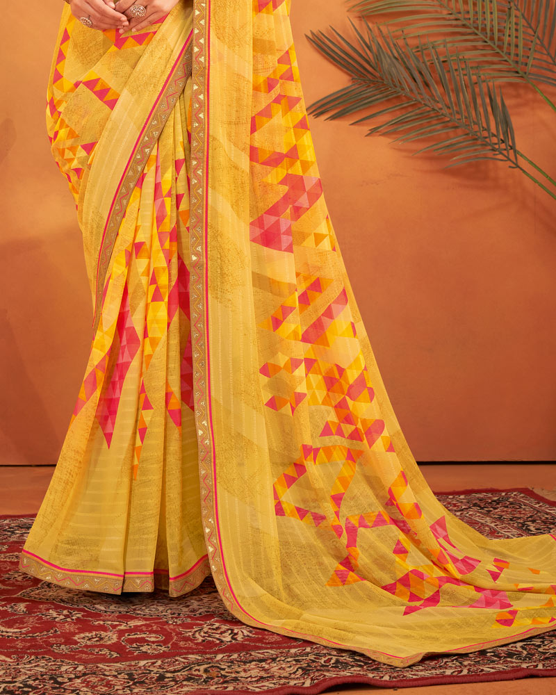Vishal Prints Butterscotch Yellow Patterned Georgette Printed Saree With Fancy Embroidery Border