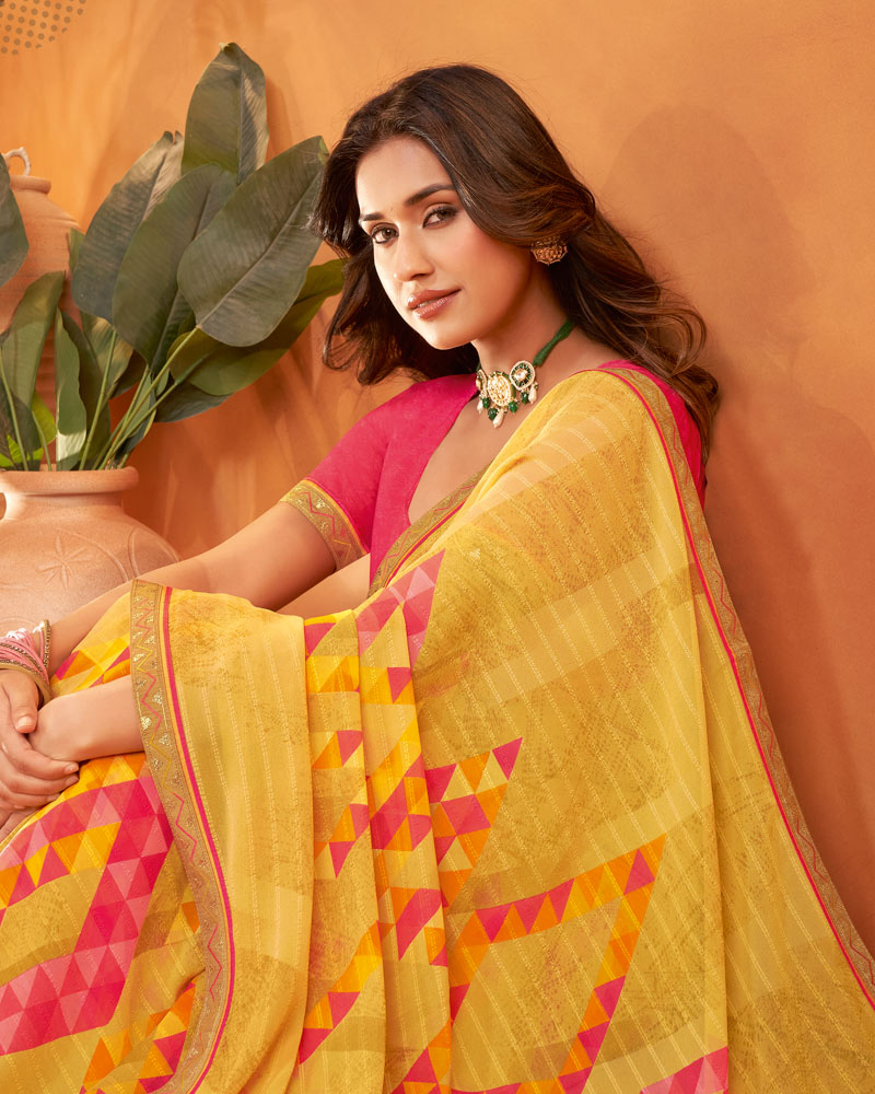 Vishal Prints Butterscotch Yellow Patterned Georgette Printed Saree With Fancy Embroidery Border