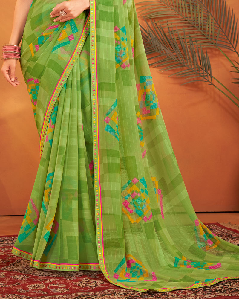 Vishal Prints Olive Green Patterned Georgette Printed Saree With Fancy Embroidery Border