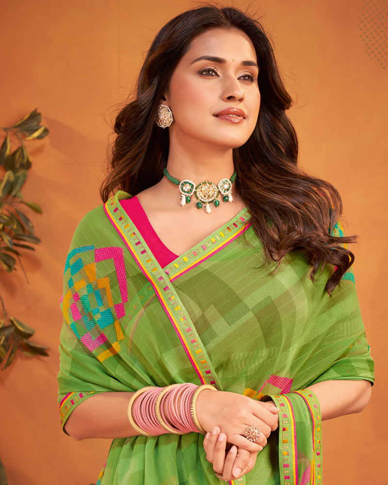Vishal Prints Olive Green Patterned Georgette Printed Saree With Fancy Embroidery Border