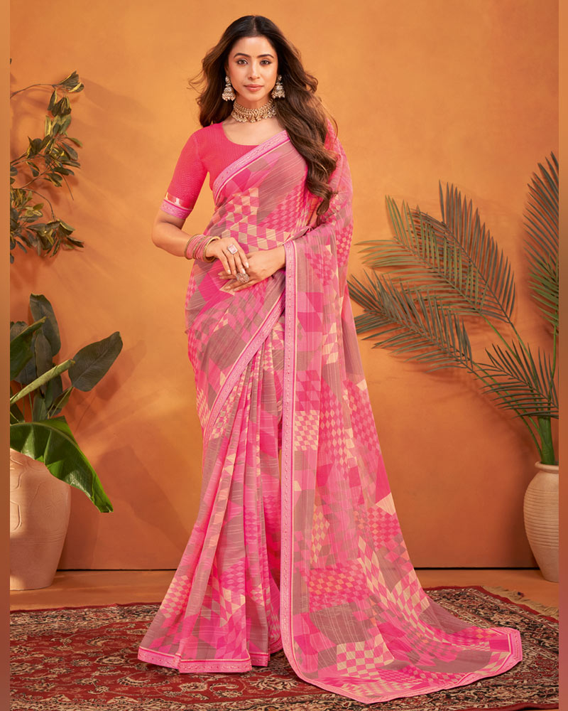 Vishal Prints French Rose Pink Patterned Georgette Printed Saree With Fancy Embroidery Border