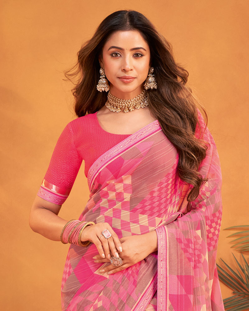 Vishal Prints French Rose Pink Patterned Georgette Printed Saree With Fancy Embroidery Border