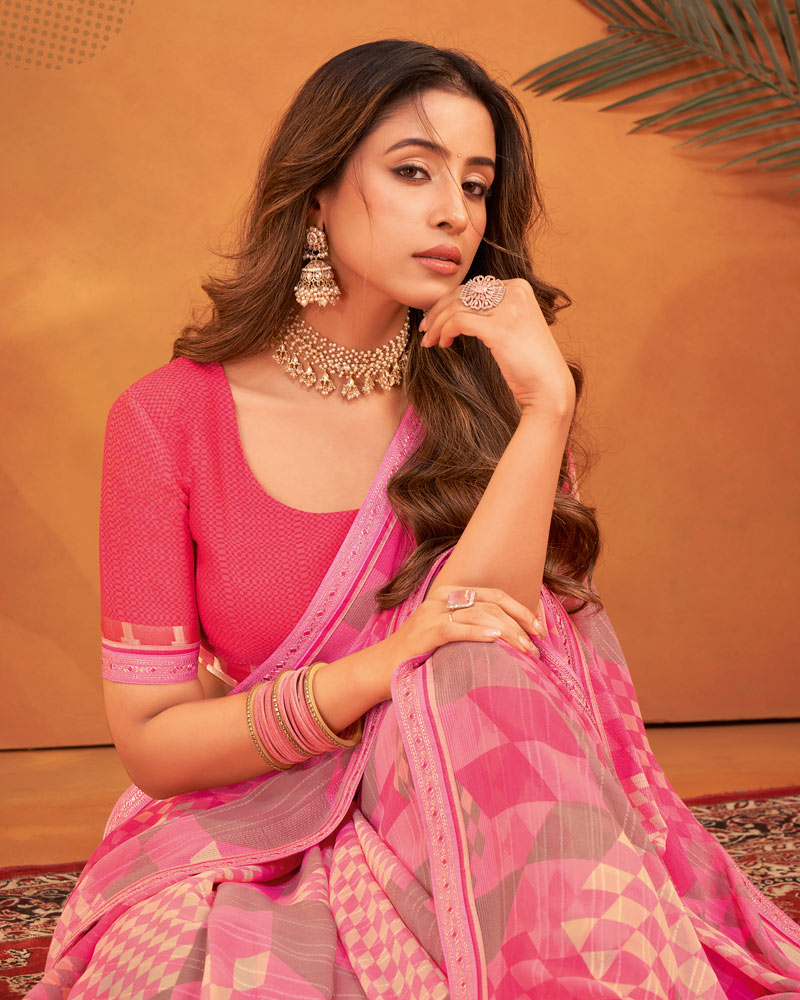 Vishal Prints French Rose Pink Patterned Georgette Printed Saree With Fancy Embroidery Border