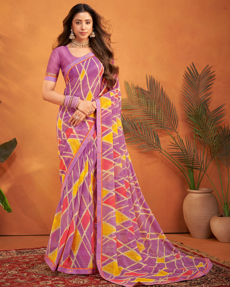 Vishal Prints Pale Magenta Patterned Georgette Printed Saree With Fancy Embroidery Border
