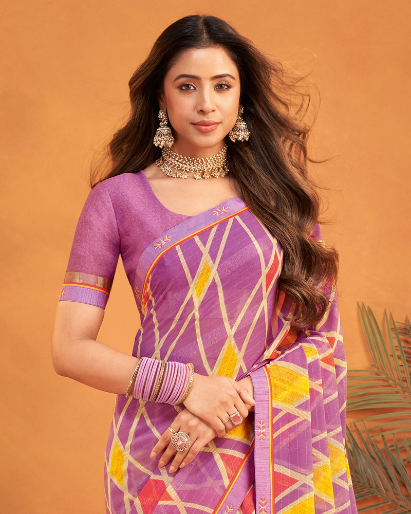 Vishal Prints Pale Magenta Patterned Georgette Printed Saree With Fancy Embroidery Border