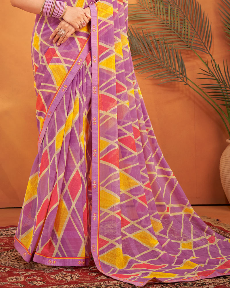 Vishal Prints Pale Magenta Patterned Georgette Printed Saree With Fancy Embroidery Border
