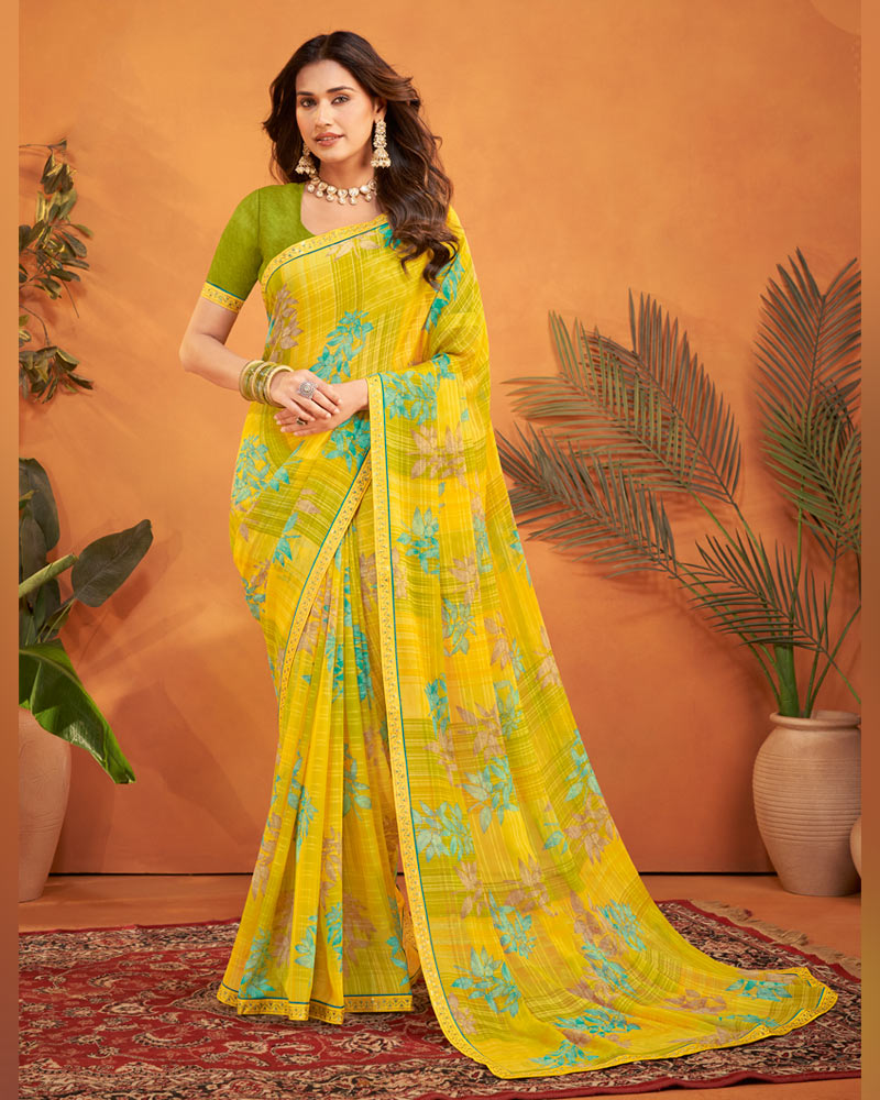 Vishal Prints Dusty Yellow Patterned Georgette Printed Saree With Fancy Embroidery Border