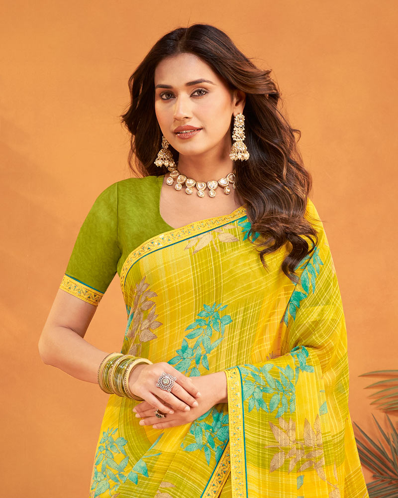 Vishal Prints Dusty Yellow Patterned Georgette Printed Saree With Fancy Embroidery Border