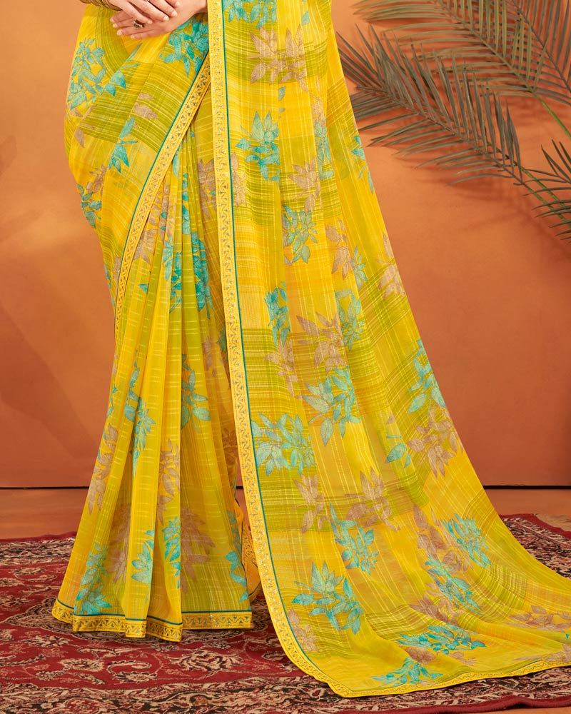 Vishal Prints Dusty Yellow Patterned Georgette Printed Saree With Fancy Embroidery Border