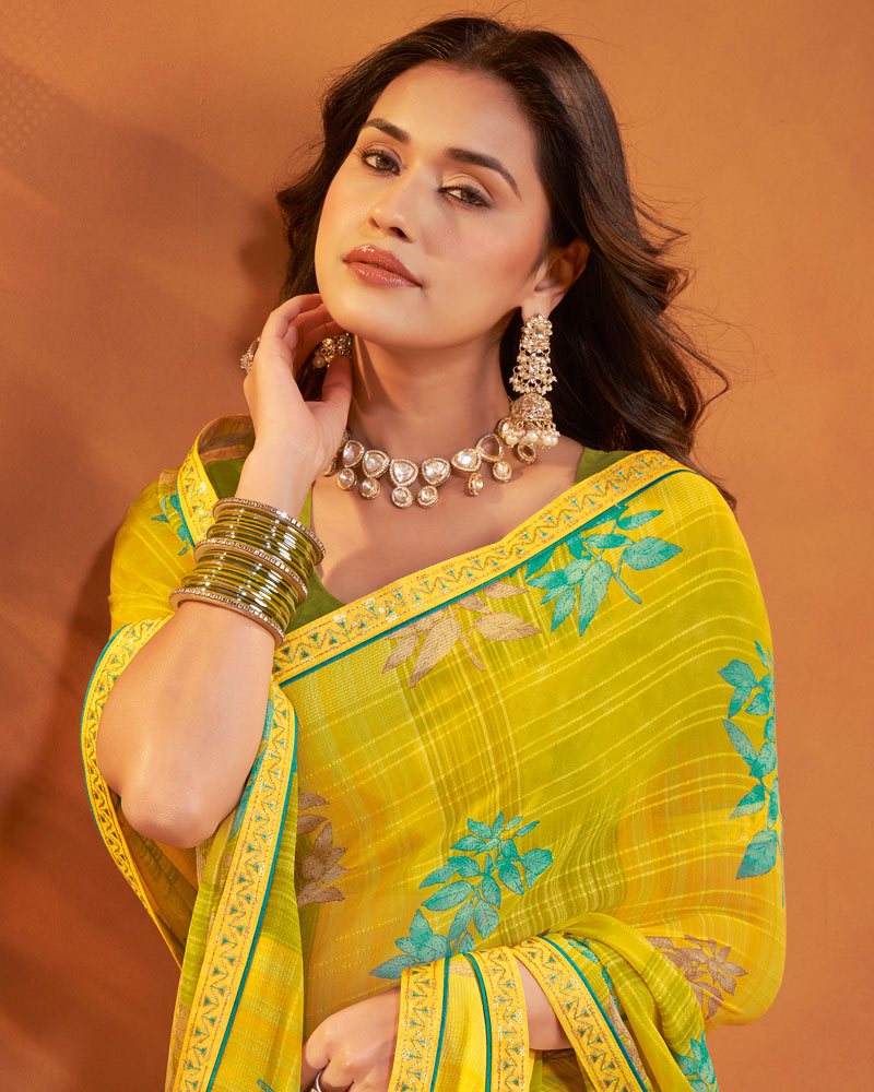 Vishal Prints Dusty Yellow Patterned Georgette Printed Saree With Fancy Embroidery Border