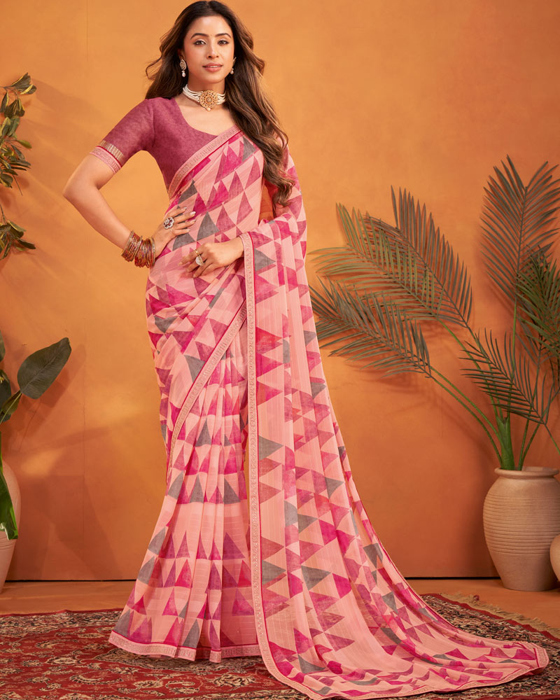 Vishal Prints Flamingo Pink Patterned Georgette Printed Saree With Fancy Embroidery Border