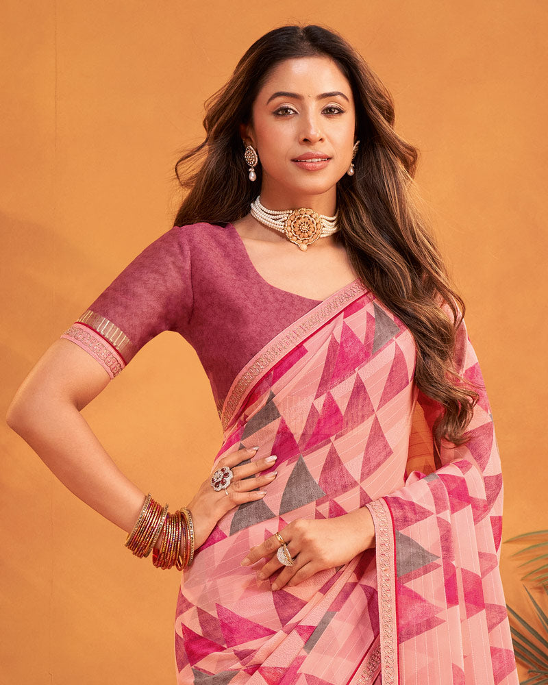 Vishal Prints Flamingo Pink Patterned Georgette Printed Saree With Fancy Embroidery Border