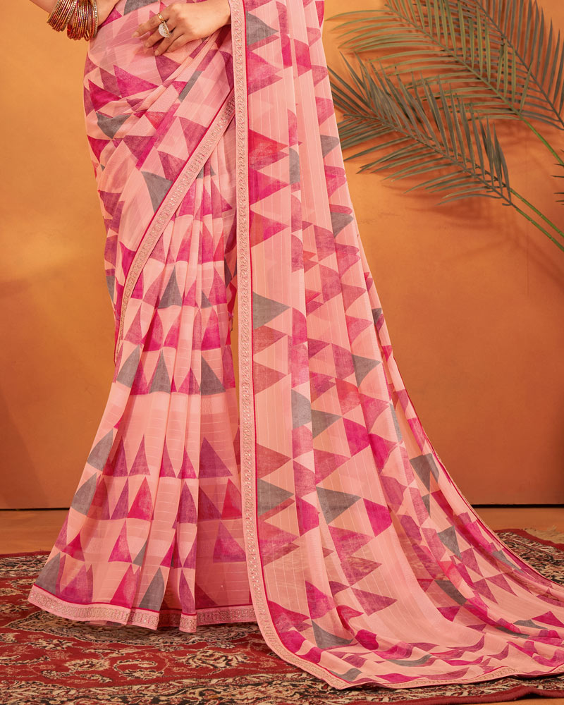 Vishal Prints Flamingo Pink Patterned Georgette Printed Saree With Fancy Embroidery Border