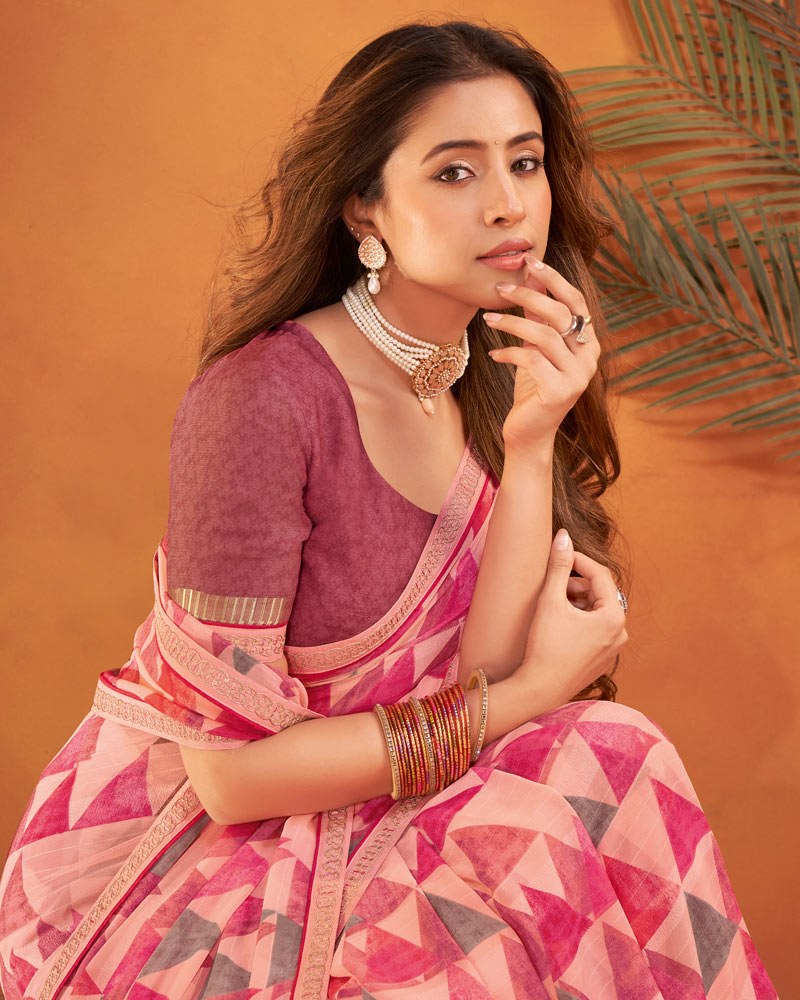 Vishal Prints Flamingo Pink Patterned Georgette Printed Saree With Fancy Embroidery Border