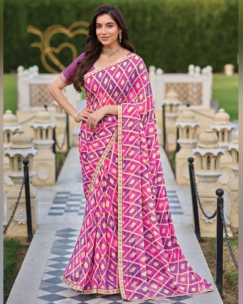 Vishal Prints Light Magenta And Plum Printed Patterned Georgette Saree With Fancy Border