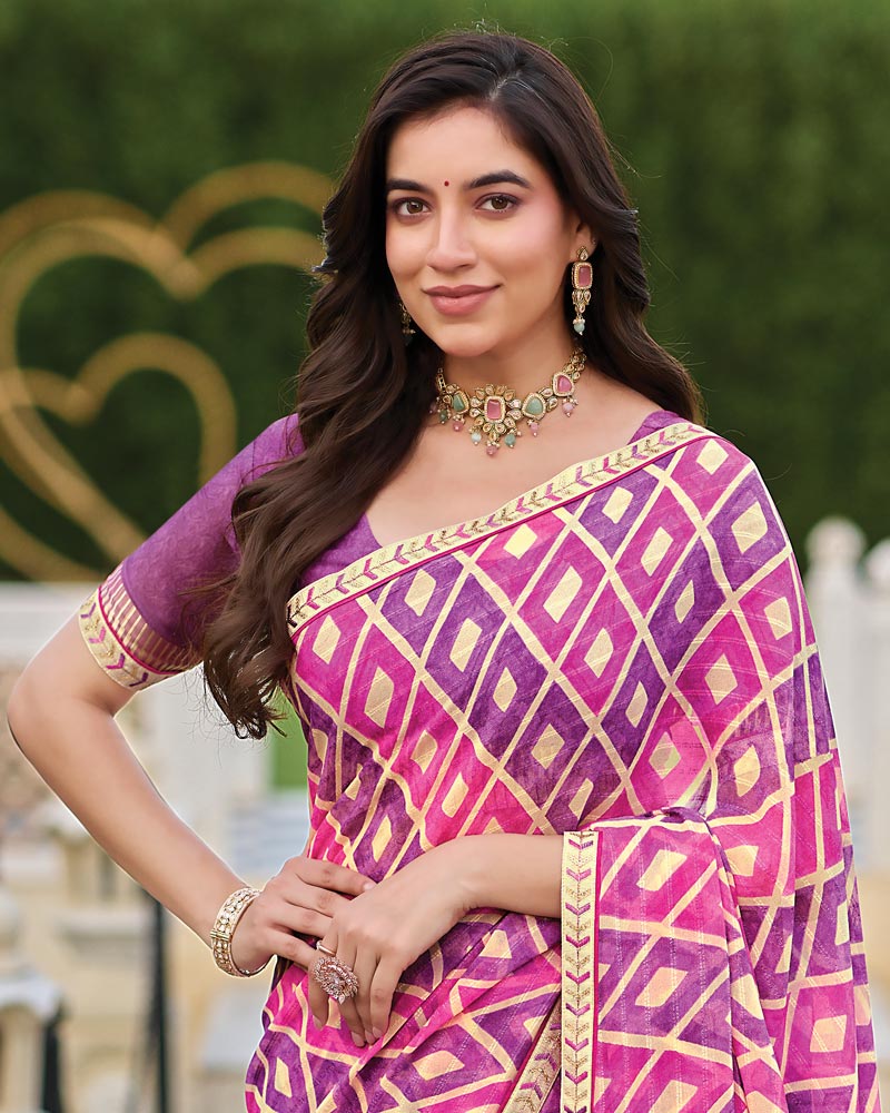 Vishal Prints Light Magenta And Plum Printed Patterned Georgette Saree With Fancy Border