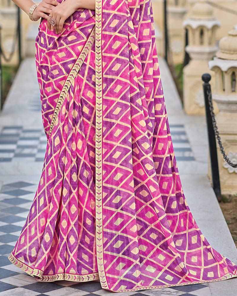 Vishal Prints Light Magenta And Plum Printed Patterned Georgette Saree With Fancy Border