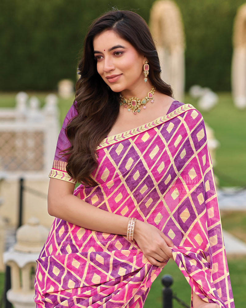 Vishal Prints Light Magenta And Plum Printed Patterned Georgette Saree With Fancy Border