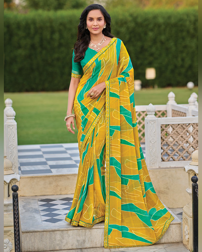 Vishal Prints Dark Yellow Mustard Printed Patterned Georgette Saree With Fancy Border