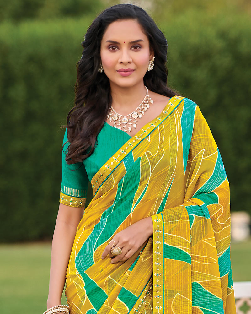 Vishal Prints Dark Yellow Mustard Printed Patterned Georgette Saree With Fancy Border