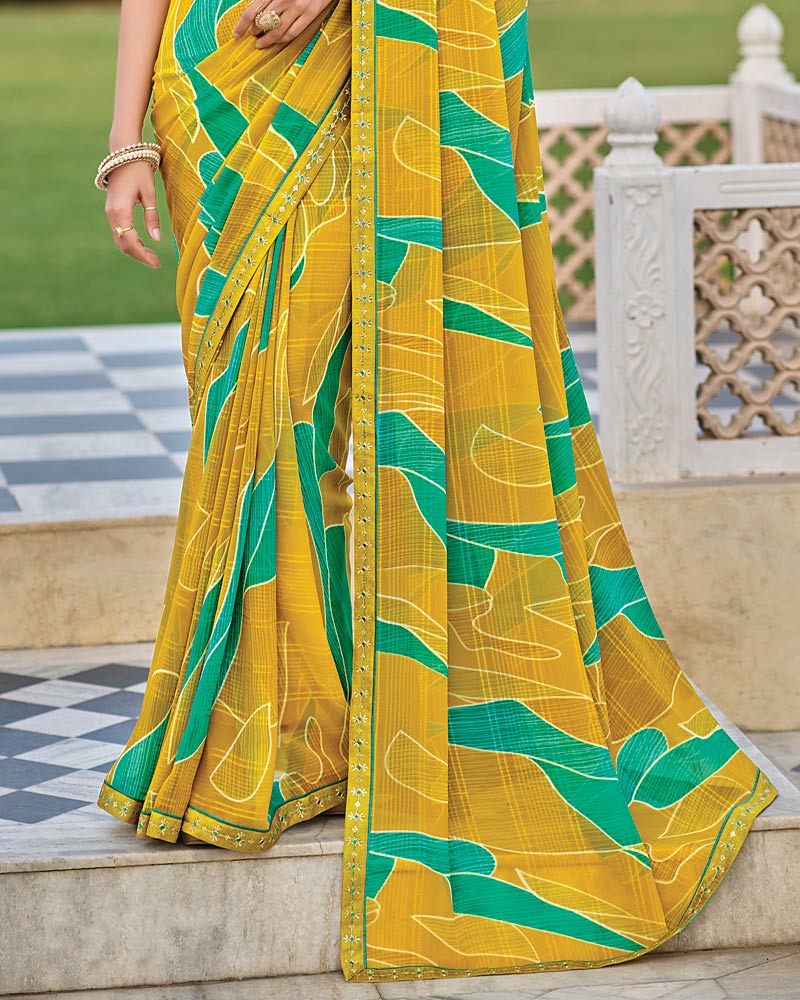 Vishal Prints Dark Yellow Mustard Printed Patterned Georgette Saree With Fancy Border