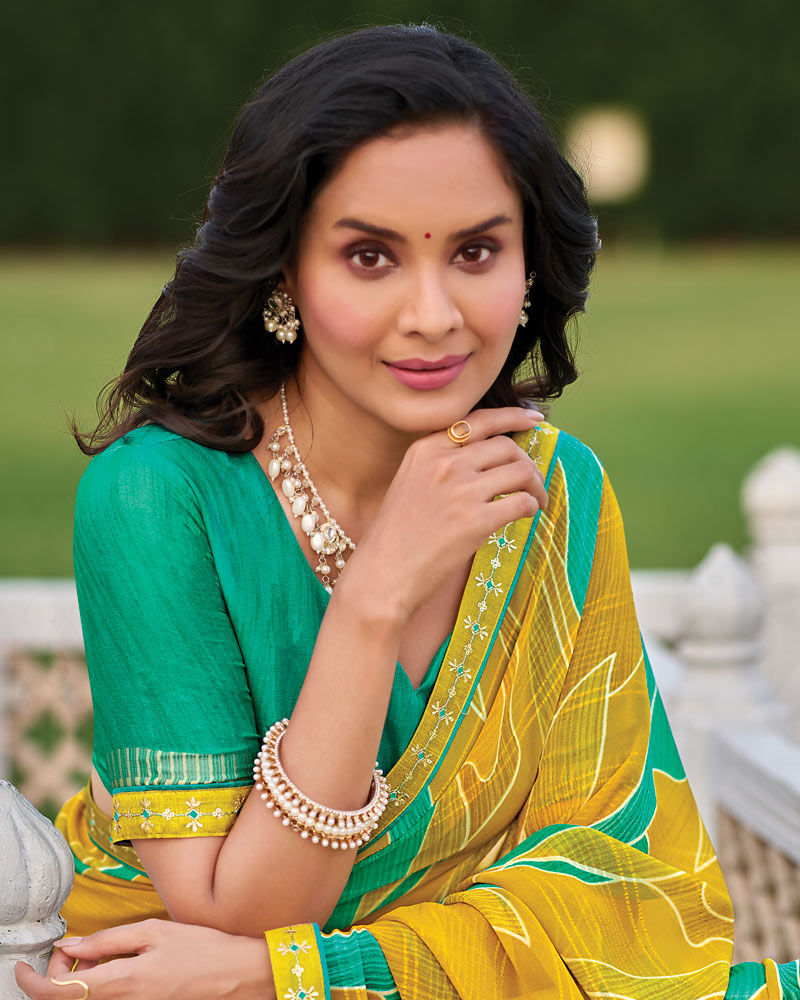 Vishal Prints Dark Yellow Mustard Printed Patterned Georgette Saree With Fancy Border
