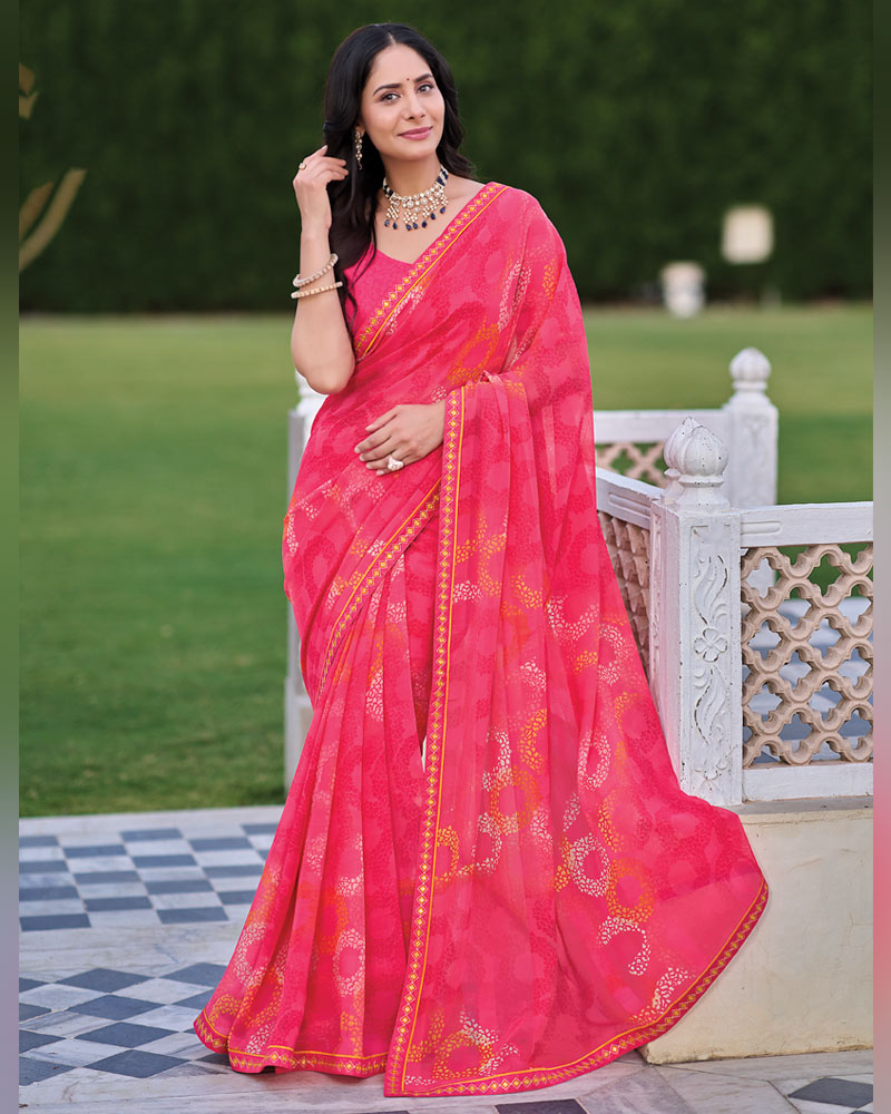 Vishal Prints Watermelon Pink Printed Patterned Georgette Saree With Fancy Border