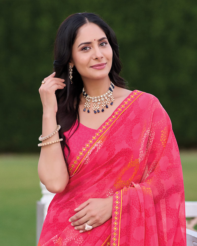Vishal Prints Watermelon Pink Printed Patterned Georgette Saree With Fancy Border