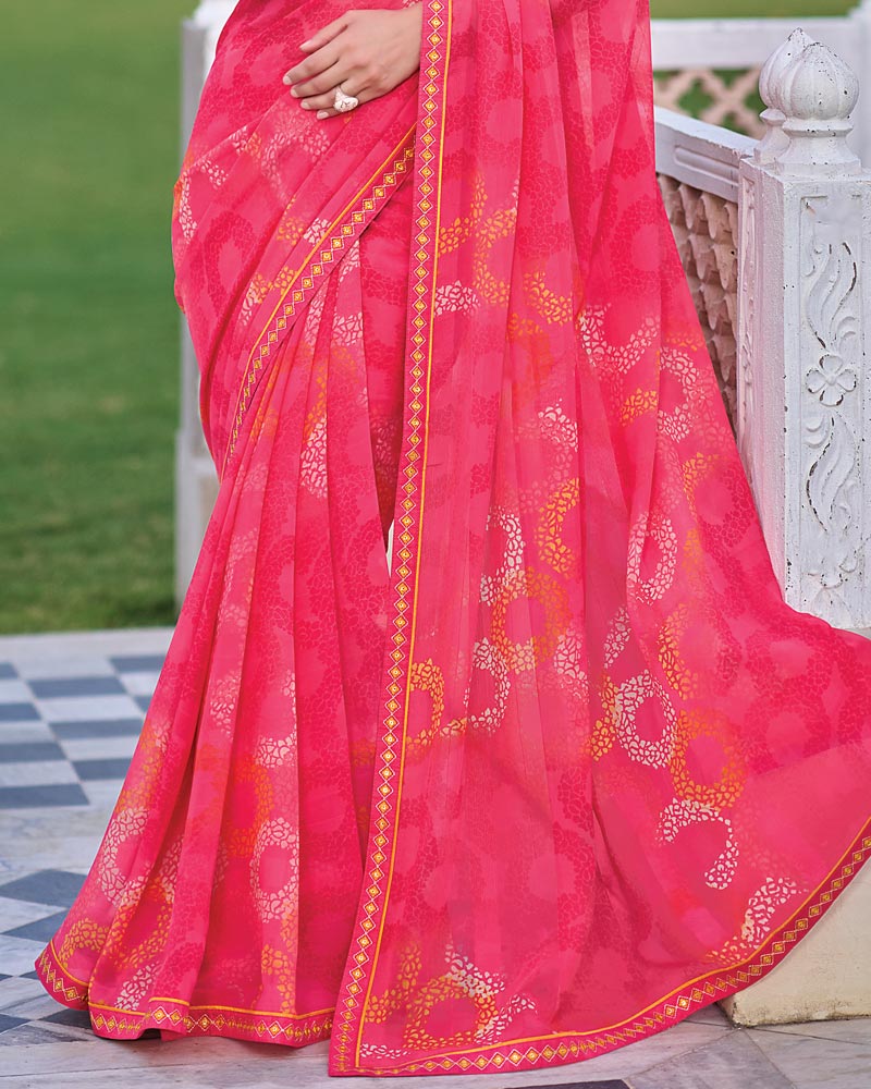 Vishal Prints Watermelon Pink Printed Patterned Georgette Saree With Fancy Border