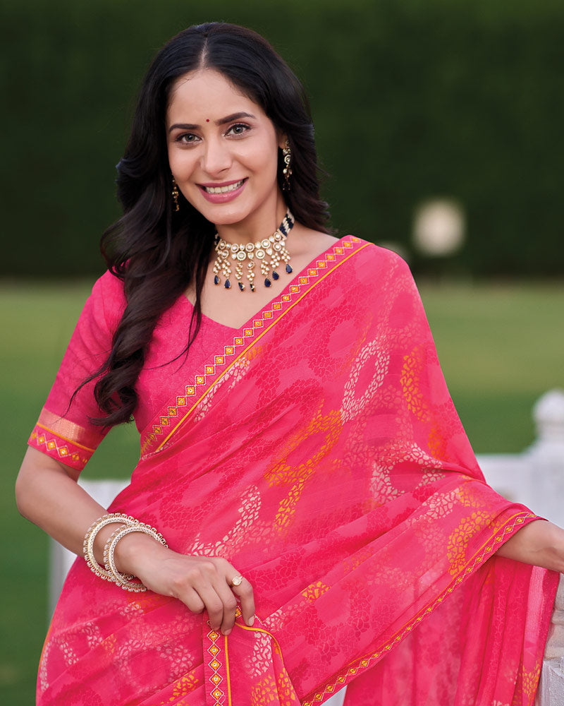 Vishal Prints Watermelon Pink Printed Patterned Georgette Saree With Fancy Border