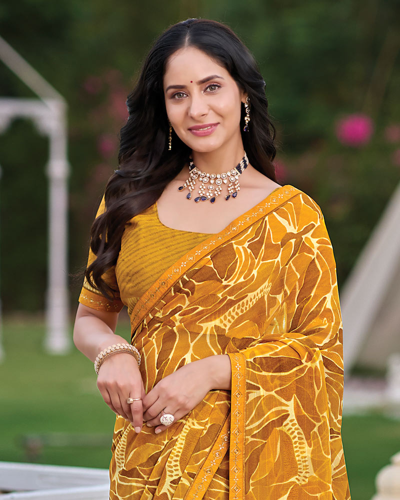 Vishal Prints Brownish Orange Printed Patterned Georgette Saree With Fancy Border