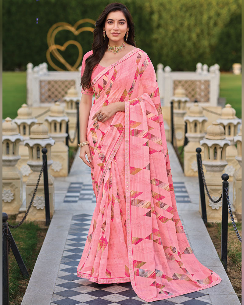 Vishal Prints Flamingo Pink Printed Patterned Georgette Saree With Fancy Border