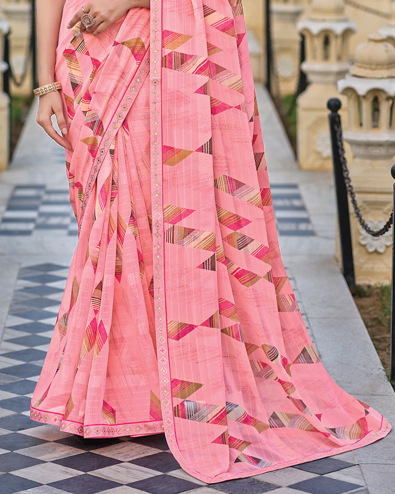 Vishal Prints Flamingo Pink Printed Patterned Georgette Saree With Fancy Border