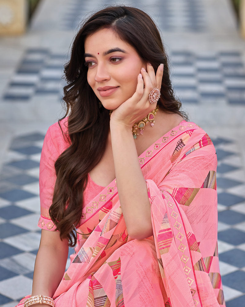 Vishal Prints Flamingo Pink Printed Patterned Georgette Saree With Fancy Border