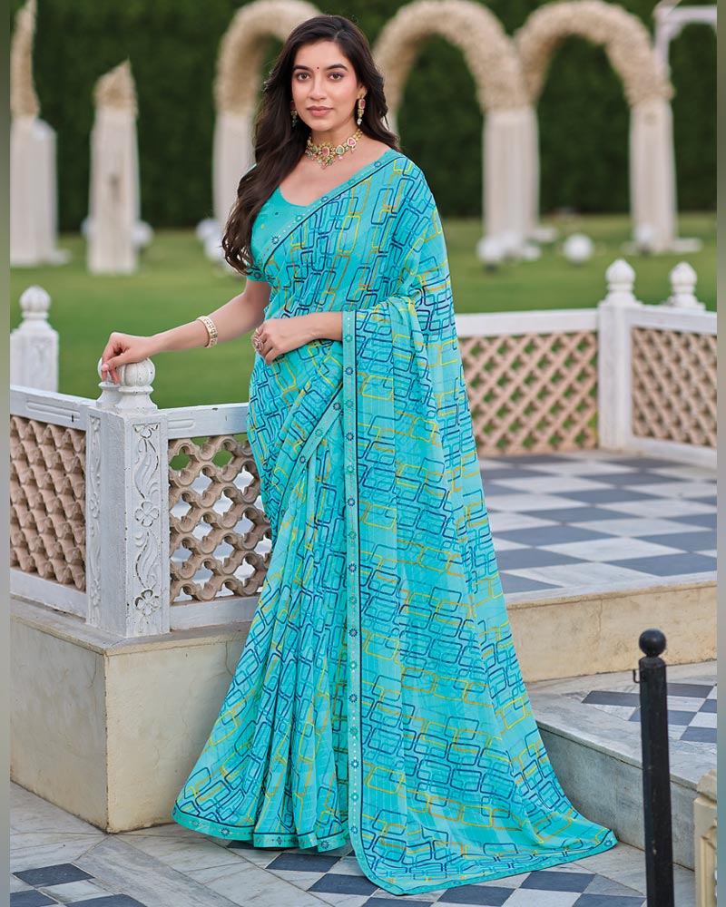 Vishal Prints Fountain Blue Printed Patterned Georgette Saree With Fancy Border