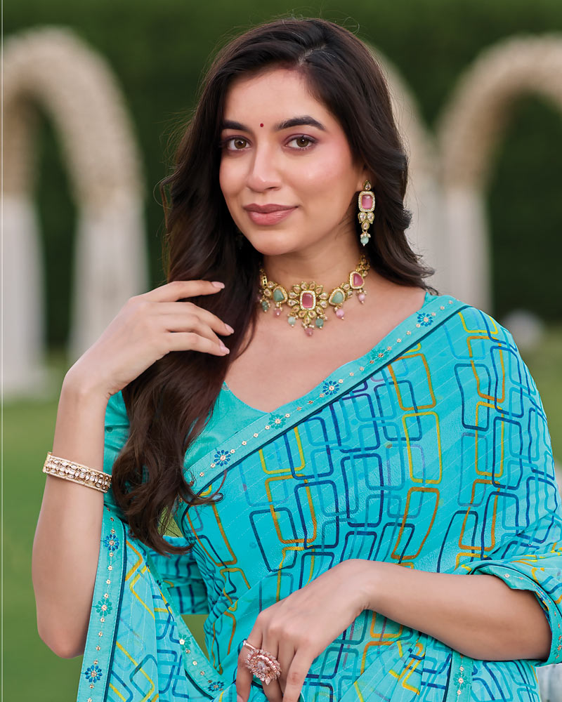 Vishal Prints Fountain Blue Printed Patterned Georgette Saree With Fancy Border