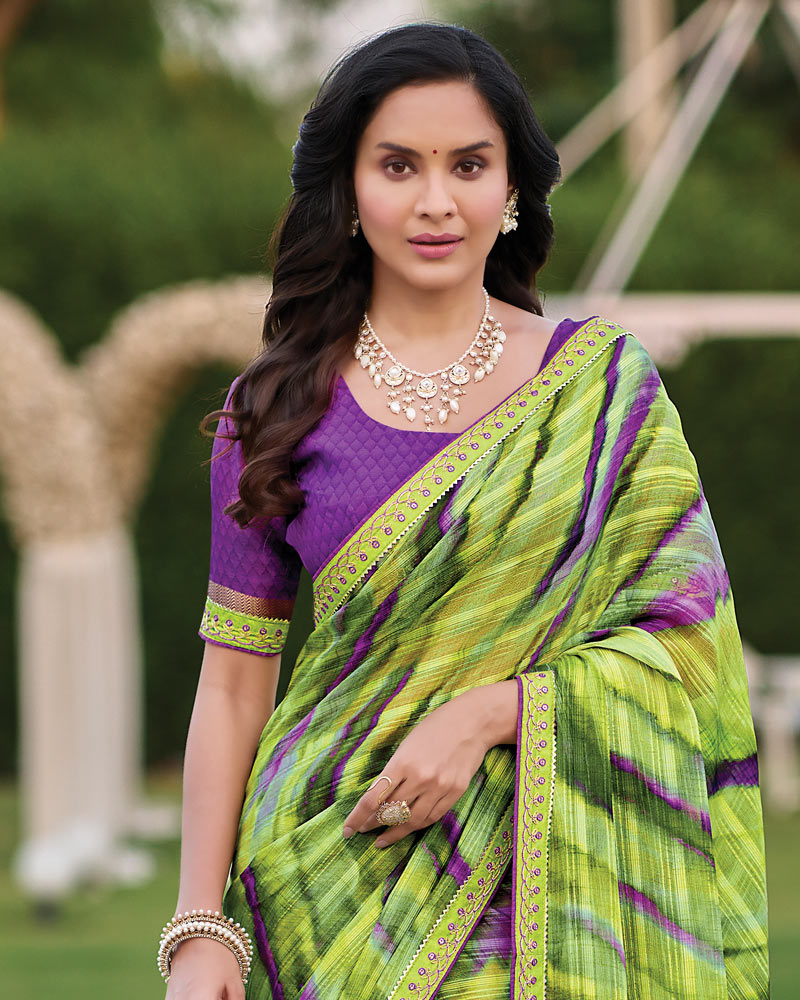 Vishal Prints Light Olive Green Printed Patterned Georgette Saree With Fancy Border