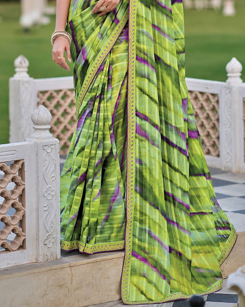 Vishal Prints Light Olive Green Printed Patterned Georgette Saree With Fancy Border